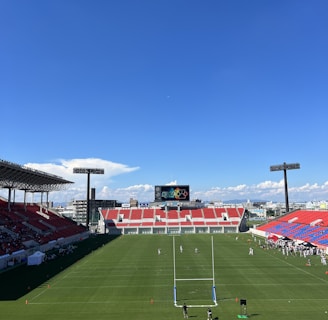 A large sports stadium with red and blue seating overlooks a green field with a goalpost at the center. A few people are scattered across the field, with some tents and a gathering of individuals on the right side. The sky is clear and blue with some clouds visible in the distance. A large screen or scoreboard is situated at the far end of the field.
